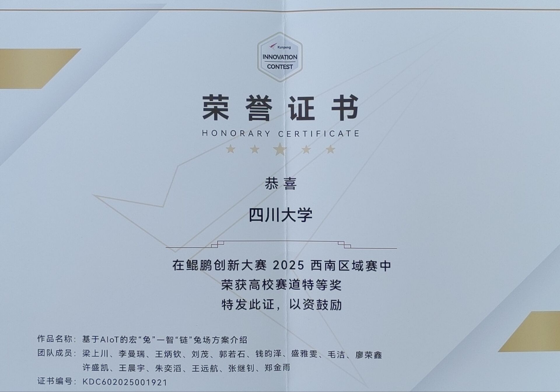 鲲鹏西南赛区金奖证书